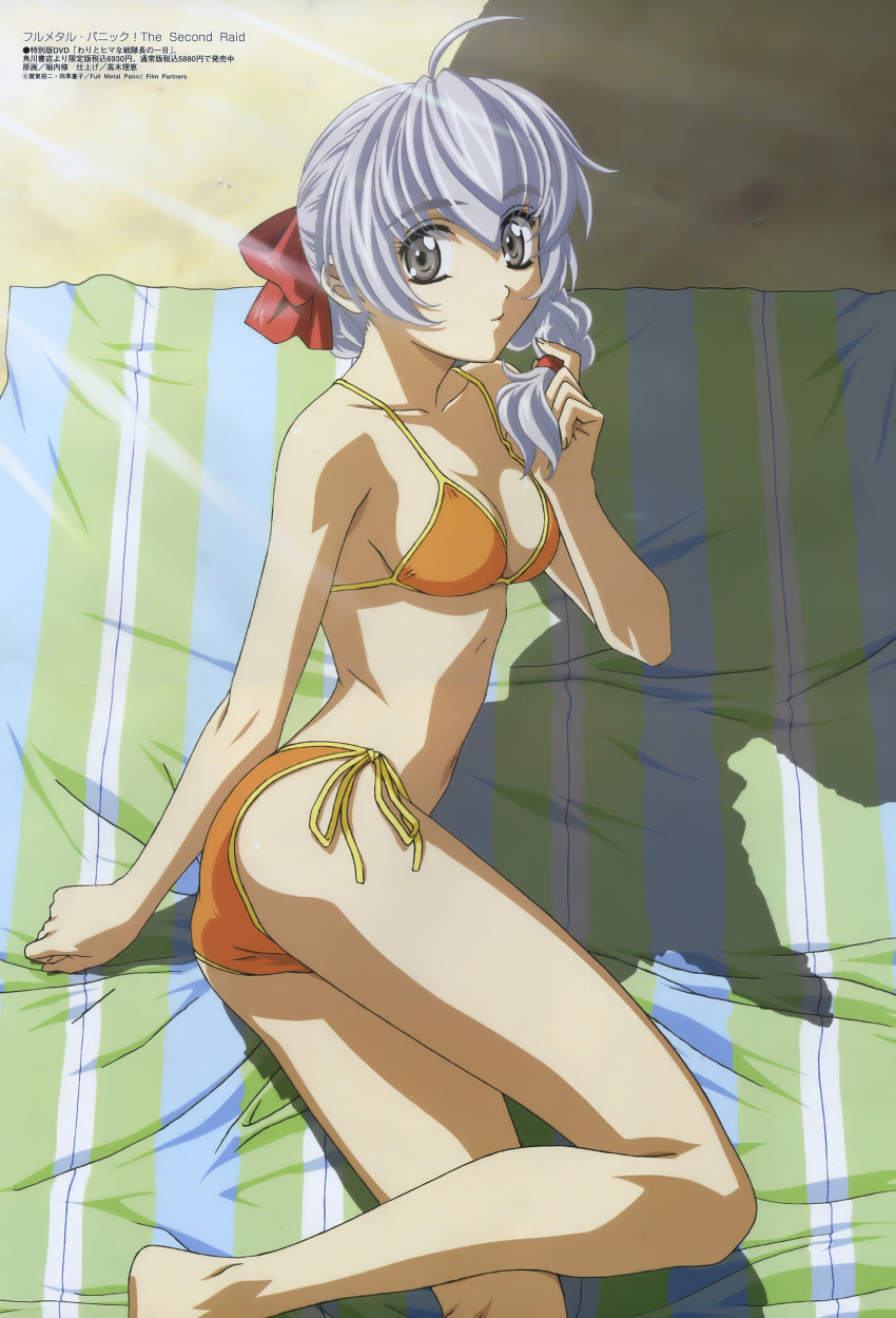 absurdres ahoge arm_support ass barefoot beach beach_towel bikini bow braid breasts cleavage clenched_hand closed_mouth collarbone crease day female from_above from_side full_metal_panic grey_eyes grey_hair hair_between_eyes hair_over_shoulder hair_ribbon hair_tie hairbow hand_up highres holding holding_own_hair horiuchi_osamu kneepits light_rays light_smile looking_to_the_side medium_breasts medium_hair megami_magazine navel official_art orange_bikini outdoors reclining red_bow ribbon scan shade shadow side-tie_bikini_bottom single_braid smile solo striped striped_towel sunbeam sunlight swimsuit teletha_testarossa towel