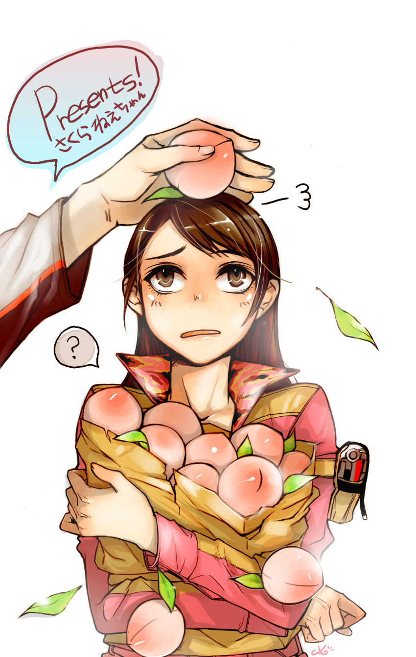 absurdres animification brown_eyes brown_hair cellphone commentary_request cyan_(nerve) female food fruit gogo_sentai_boukenger highres holding holding_food holding_fruit jacket long_hair nishihori_sakura peach phone photoshop_(medium) super_sentai takaoka_eiji