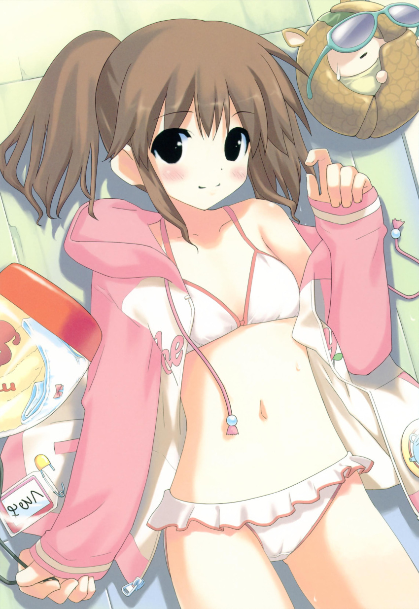 absurdres bikini blush brown_hair cameltoe female highres hiide hood hoodie jacket looking_at_viewer navel open_clothes open_hoodie ponytail sakura_sakura solo swimsuit tachibana_kurumi white_bikini