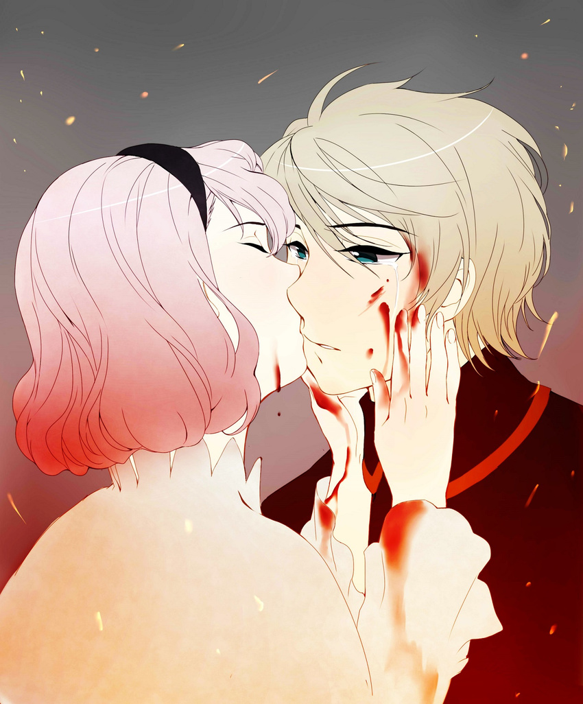 1boy aldnoah.zero bad_id bad_pixiv_id blood blue_eyes closed_eyes female gradient_hair hairband hands_on_another's_face highres jowell_she kissing lemrina_vers_envers multicolored_hair photoshop_(medium) pink_hair short_hair slaine_troyard straight tears