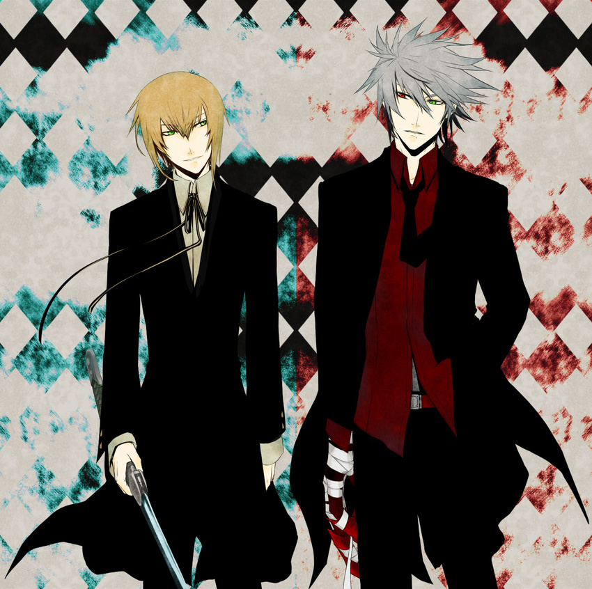 2boys bandages black_pants blazblue blonde_hair brothers checkered_background claws collair_(cono) devoured_by_darkness formal green_eyes grey_hair hand_in_pocket heterochromia highres jin_kisaragi multiple_boys necktie pants ragna_the_bloodedge red_eyes ribbon short_hair siblings spiked_hair suit sword weapon yukianesa