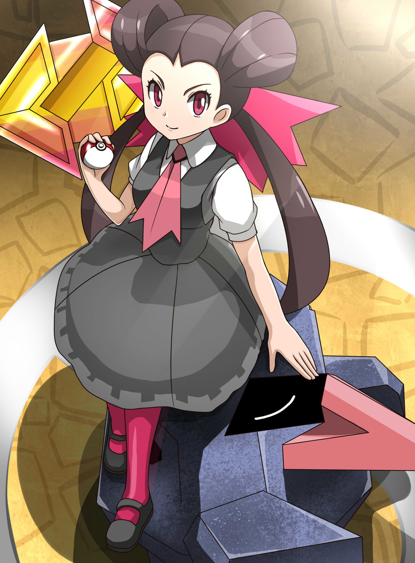 ascot bad_id bad_pixiv_id badge brown_hair dress female from_above full_body grey_dress gym_leader_badge hair_ornament hair_pulled_back highres holding holding_poke_ball long_hair mary_janes nosepass pantyhose pink_legwear poke_ball poke_ball_(basic) pokemon pokemon_(creature) pokemon_oras red_eyes roxanne_(pokemon) shoes smile solo_focus stone_badge twintails zetsuei_(zetto)