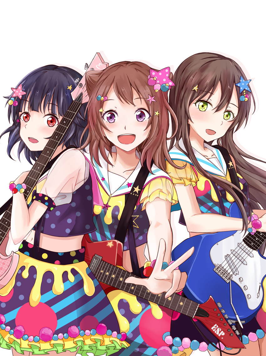 3girls absurdres bang_dream! bass_guitar brown_hair collarbone commentary_request cone_hair_bun cowboy_shot electric_guitar green_eyes guitar hair_bun hair_ears hair_ornament hanazono_tae highres holding hoshi_to_nishi instrument long_hair looking_at_viewer multiple_girls open_mouth purple_eyes purple_hair red_eyes sailor_collar short_hair smile standing toyama_kasumi ushigome_rimi v