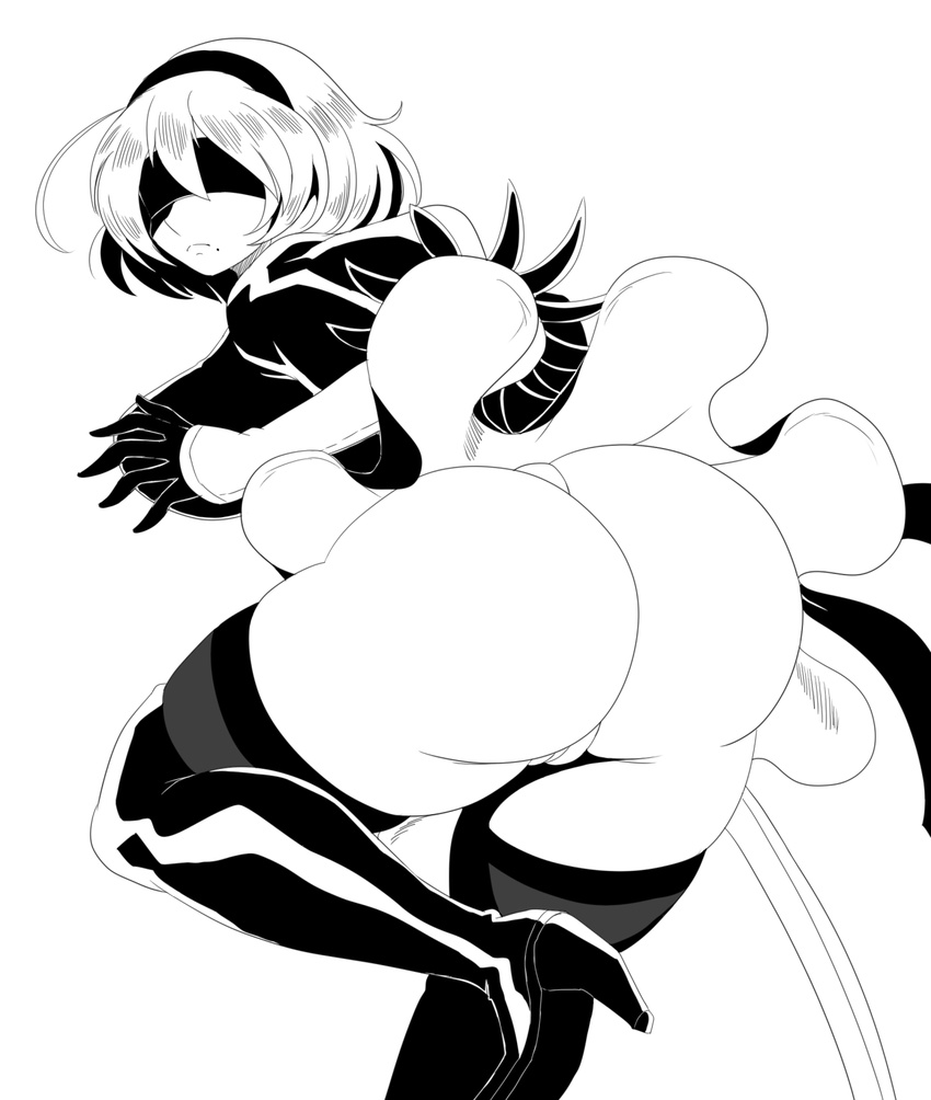 ass dress eric_lowery female female gloves hairband huge_ass leotard monochrome nier_(series) nier_automata short_hair sword weapon yorha_no._2_type_b