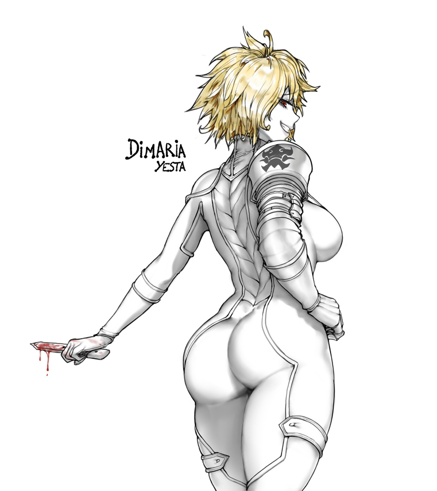 armor ass back blonde_hair blood blood_on_weapon bodysuit breasts character_name commentary cowboy_shot dimaria_yesta dripping eyelashes fairy_tail female from_behind gloves grin hand_on_own_hip highres holding holding_knife holding_weapon knife looking_at_viewer looking_back md5_mismatch medium_breasts pale_skin pauldrons photoshop_(medium) profile red_eyes short_hair shoulder_armor simple_background skin_tight smile solo strap_gap the_golden_smurf thighs weapon white_background white_bodysuit white_gloves