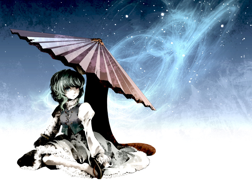 blue_eyes blue_hair commentary_request female geta hatsunetsumiko's heterochromia karakasa_obake mochinue night photoshop_(medium) red_eyes sandals short_hair solo star_(symbol) tatara_kogasa tongue touhou umbrella