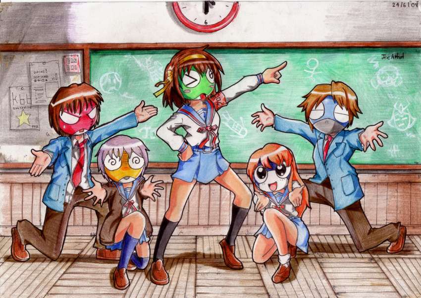 2boys 3girls :d =_= @_@ asahina_mikuru bad_link black_pants black_socks blue_sailor_collar blue_skirt blue_socks brown_footwear brown_hair brown_pants chalkboard classroom cosplay dancing dororo_(keroro_gunsou) giroro hand_on_own_hip indoors joe_artist keroro keroro_gunsou kita_high_school_uniform kneehighs koizumi_itsuki kururu_(keroro_gunsou) kyon mask multiple_boys multiple_girls nagato_yuki neck_ribbon necktie one_eye_closed open_mouth orange_hair outstretched_arms outstretched_hand pants parody photoshop_(medium) pointing purple_hair red_ribbon ribbon sailor_collar school_uniform serafuku skirt smile socks spread_arms suzumiya_haruhi suzumiya_haruhi_no_yuuutsu tamama traditional_media white_socks winter_uniform wooden_floor