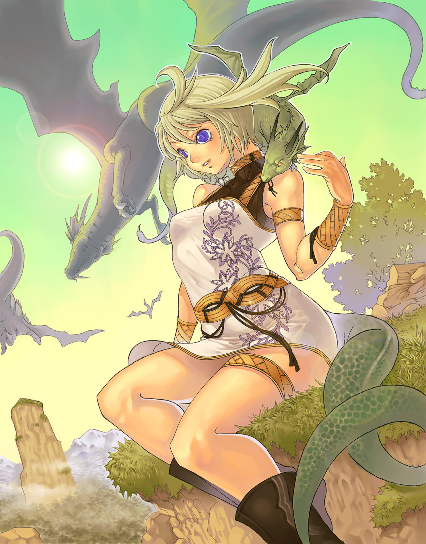 bad_id bad_pixiv_id blonde_hair blue_eyes dragon dragon_girl dragon_tail female giant giantess highres katsutake original solo tail