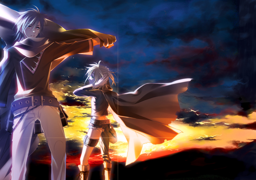 2boys aqua_eyes bad_id bad_pixiv_id belt blonde_hair blue_eyes blue_hair boots butt_crack cape highres kagamine_len kaito_(vocaloid) looking_back male_focus migiwa_hasu multiple_boys otoko_no_ko pants photoshop_(medium) ponytail sky smile sunset vocaloid