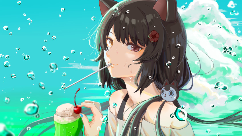 animal_ears black_hair blush bubble casual cherry closed_mouth cloud cup dog_ears dog_girl dog_hair_ornament drinking_glass drinking_straw drinking_straw_in_mouth female flower food fruit hair_flower hair_ornament heterochromia highres ibuki_(ibuki0118) ice_cream ice_cream_float inui_toko long_hair looking_at_viewer low_twintails melon_soda nijisanji off_shoulder official_alternate_costume red_eyes shirt smile solo sweat twintails upper_body virtual_youtuber white_shirt yellow_eyes