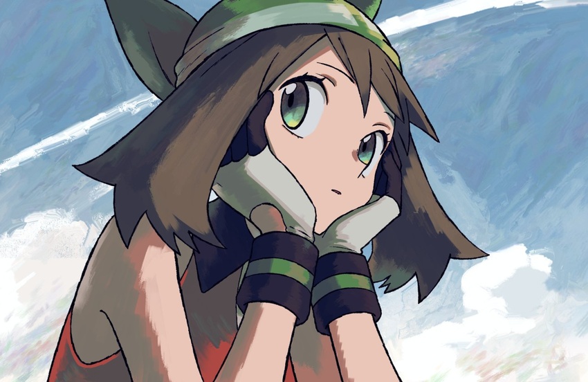 bandana brown_hair commentary eyelashes female gloves green_bandana green_eyes hands_up head_rest ittumozzz may_(pokemon) parted_lips pokemon pokemon_emerald pokemon_rse sideways_glance sleeveless solo symbol-only_commentary upper_body