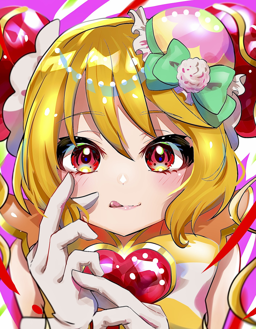 :p absurdres bad_id bad_pixiv_id blonde_hair blush bow brooch bun_cover china_dress chinese_clothes close-up cure_yum-yum delicious_party_precure dress drill_hair female floral_print green_bow hair_between_eyes hairbow hanamichi_ran hat heart heart_brooch highres jewelry licking_lips looking_at_viewer magical_girl mini_hat nepitasu pink_background pink_lips pom_pom_(clothes) portrait precure red_eyes simple_background solo tongue tongue_out twirling_hair