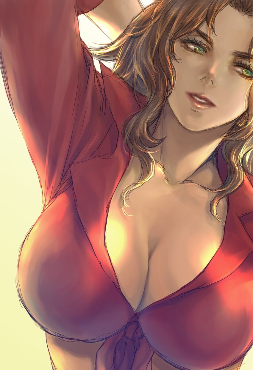 amida_arca arm_behind_head breast_focus breasts brown_hair cleavage close-up dark-skinned_female dark_skin female green_eyes gundam gundam_tekketsu_no_orphans highres large_breasts long_hair looking_to_the_side parted_lips red_lips solo takeda_yuuko