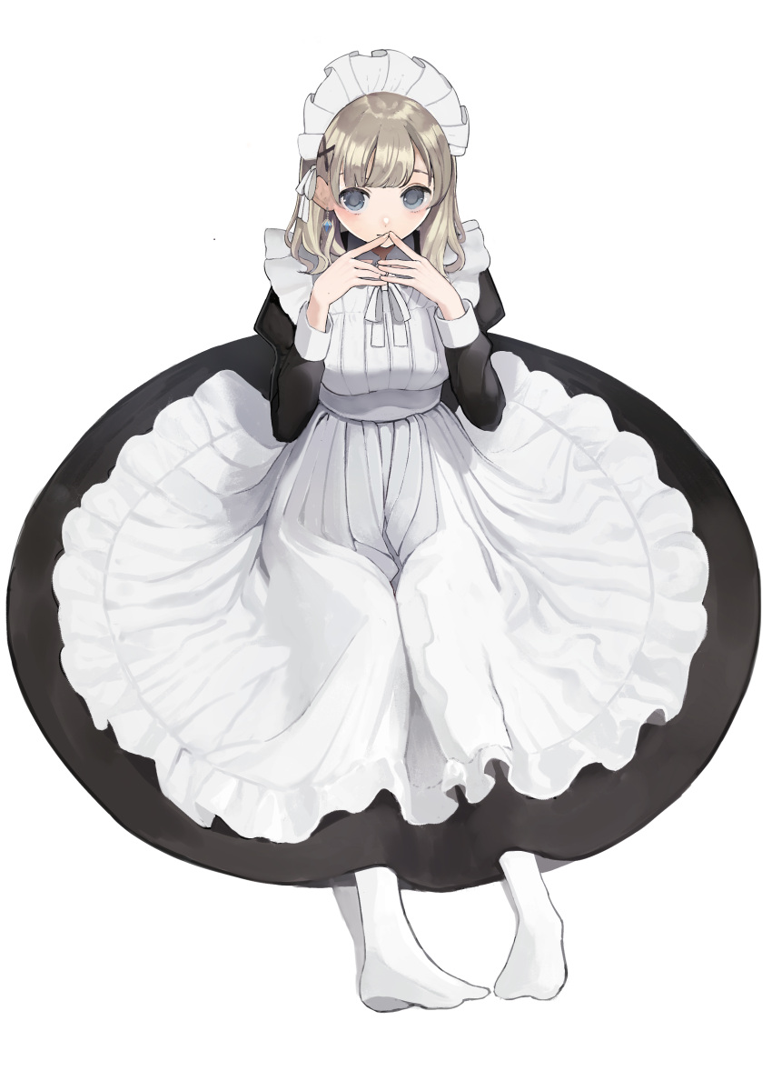 absurdres apron bad_id bad_pixiv_id black_dress brown_hair circle_skirt closed_mouth commentary_request dress earrings eyebrows_hidden_by_hair female frilled_apron frills full_body grey_eyes hair_ornament hairclip hands_up highres jewelry juliet_sleeves long_sleeves looking_at_viewer maid maid_apron maid_headdress no_shoes original pantyhose puffy_sleeves shadow shii_(kairi-t-k0317) simple_background smile solo victorian_maid white_apron white_background white_pantyhose x_hair_ornament