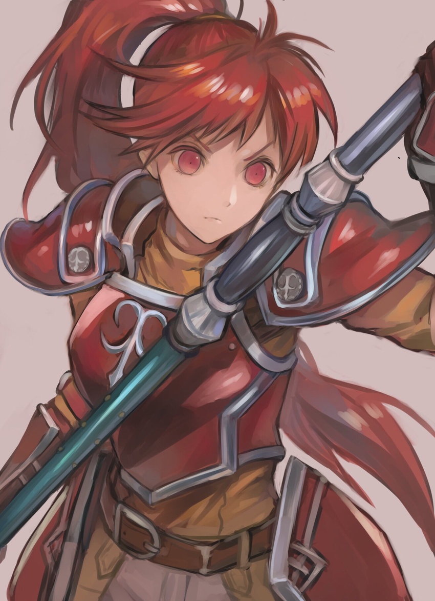 armor belt breastplate closed_mouth female fire_emblem fire_emblem:_path_of_radiance highres holding jill_(fire_emblem) long_hair mai_yukari ponytail red_eyes red_hair simple_background solo upper_body