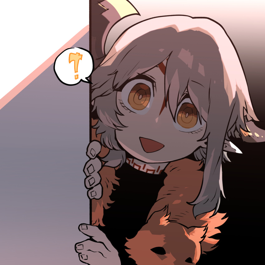 :d axe axehorn_(ssambatea) bright_pupils chestnut_mouth female fingernails grey_hair highres horns korean_commentary looking_at_viewer open_mouth orange_eyes original peeking_out pelt picrew ringed_eyes smile solo spoken_object ssambatea wide-eyed yellow_eyes