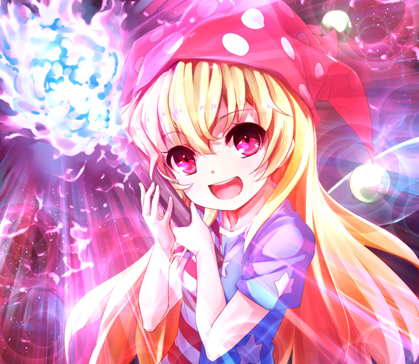 american_flag_dress blonde_hair clownpiece commentary_request fairy_wings female fire hat highres jester_cap long_hair looking_at_viewer open_mouth pi_(pnipippi) pink_eyes polka_dot revision short_sleeves smile solo star_(symbol) star_print striped teeth torch touhou upper_body wings