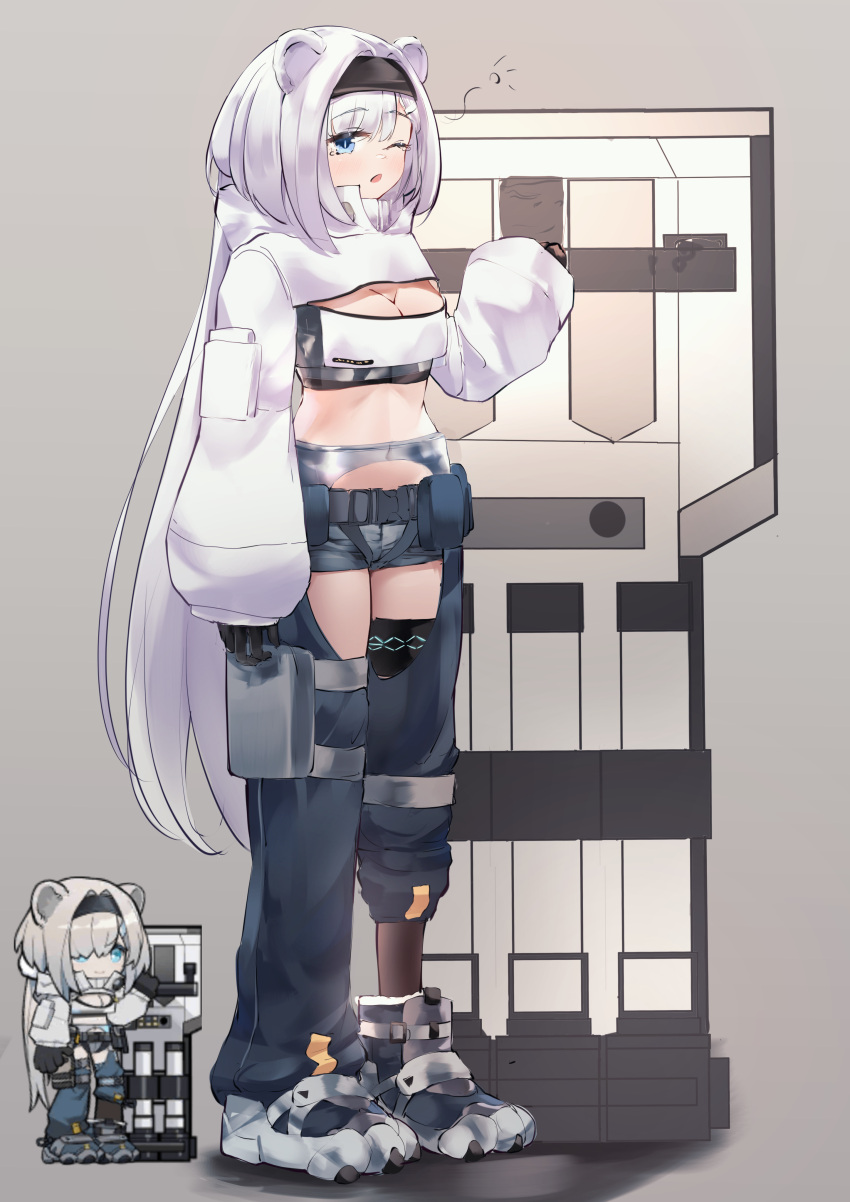 ;o absurdres animal_ears arknights aurora_(arknights) bear_ears black_hairband blue_eyes boots breasts chaps chibi cleavage cleavage_cutout clothing_cutout crop_top cropped_jacket female full_body grey_background grey_shorts hairband highres infection_monitor_(arknights) jacket kirigirisu1221 long_hair long_sleeves looking_at_viewer midriff multiple_views navel one_eye_closed open_mouth shield short_shorts shorts simple_background standing stomach very_long_hair white_hair white_jacket