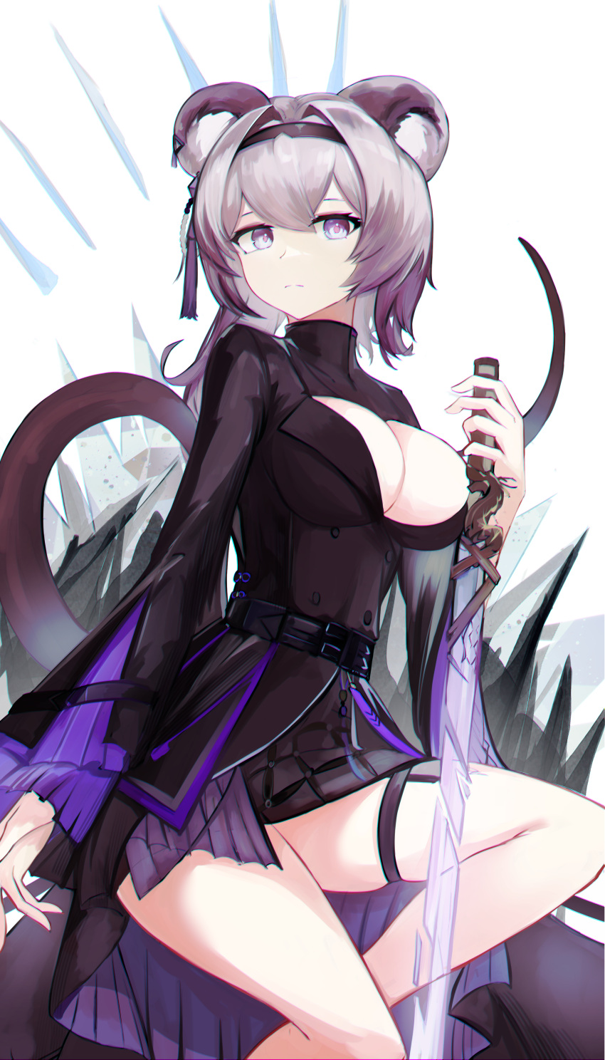 absurdres animal_ears arknights bare_legs black_dress black_hairband breasts chinese_commentary cleavage commentary_request dress female hairband highres holding holding_sword holding_weapon large_breasts lin_(arknights) long_hair long_sleeves looking_at_viewer mizuhashi_parusui mouse_ears mouse_tail partial_commentary purple_eyes purple_hair simple_background sitting solo sword tail thigh_strap thighs weapon white_background wide_sleeves