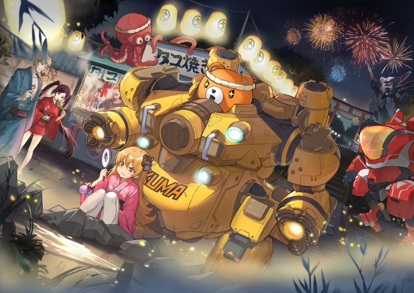 ! +_+ 1boy 2girls autumn bear blush festival fireflies firefox_(smc) fireworks food gate goldfish_scooping hair_ornament headband heart highres japanese_clothes kimono lantern market_stall mecha mila_(smc) multiple_girls ning_(smc) octopus official_art pipe_in_mouth pond robot rom_(smc) skylark_(smc) smoking_pipe super_mecha_champions surprised sweatdrop taiyaki takoyaki twintails wagashi water_yoyo yukata