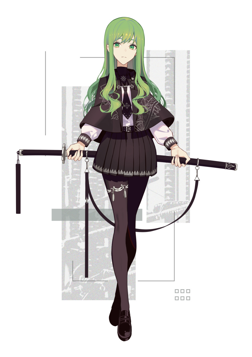 belt black_capelet black_pantyhose black_skirt capelet commentary female frown full_body green_eyes green_hair highres katana loafers long_hair looking_at_viewer necktie original pantyhose sheath sheathed shirt shoes skirt solo sword thighlet tsuki-shigure weapon white_background white_shirt