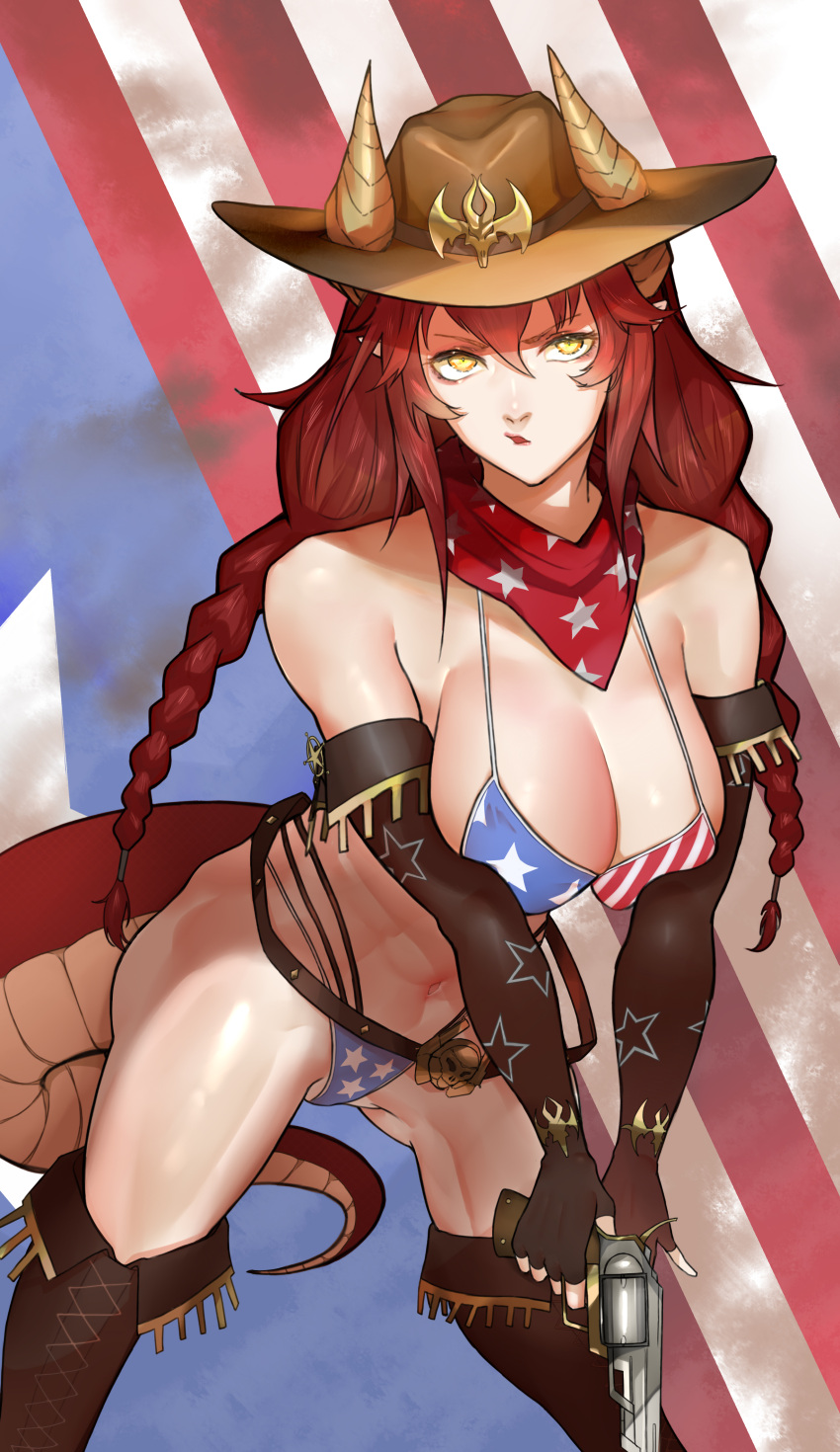 absurdres american_flag american_flag_bikini american_flag_print bikini blue_background blue_bikini boots braid breasts brown_footwear brown_gloves brown_headwear cleavage cowboy cowboy_boots cowboy_hat cowboy_western dragon_girl dragon_horns dragon_tail elbow_gloves female fingerless_gloves flag_print gloves gun hat highres holding holding_gun holding_weapon horns large_breasts long_hair looking_at_viewer print_bikini red_background red_bikini red_hair red_scarf scarf sleeplessrhythm swimsuit tail twin_braids two-tone_background two-tone_bikini virtual_youtuber vshojo weapon yellow_eyes zentreya zentreya_(cowboy_bikini) zentreya_(dragon)