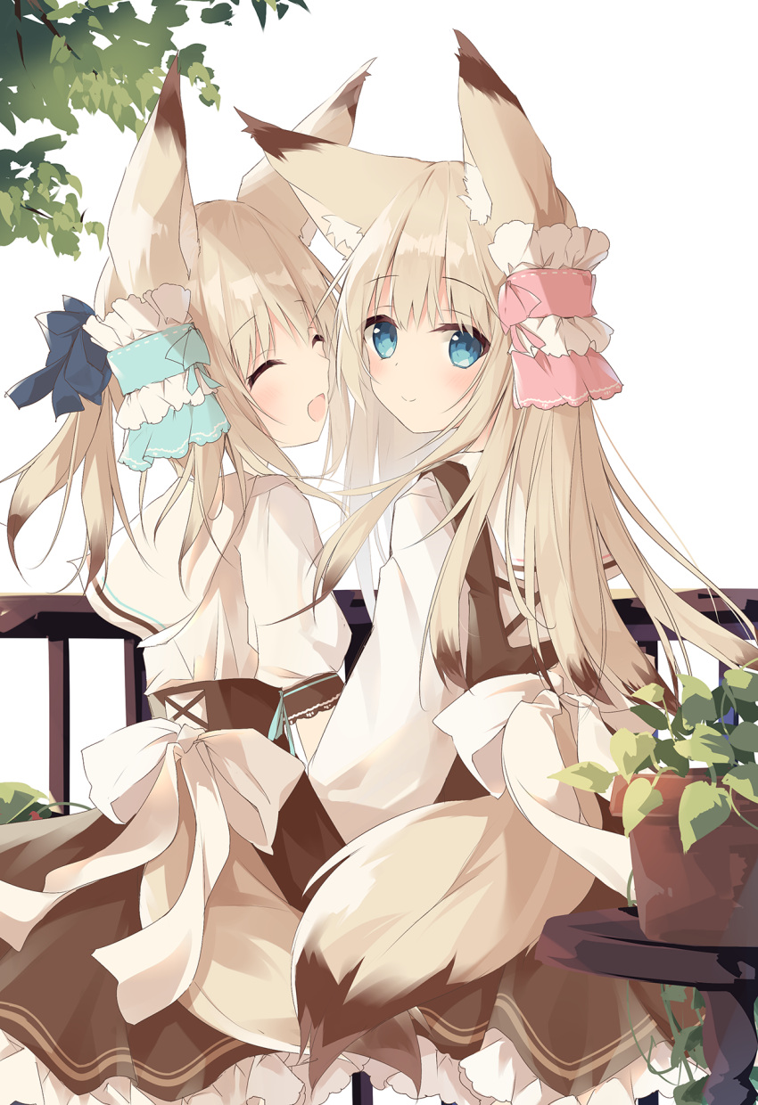 2girls :d ^_^ animal_ear_fluff animal_ears blue_bow bow brown_dress brown_hair closed_eyes closed_mouth commentary_request dress fox_ears fox_girl fox_tail hairbow highres kushida_you light_brown_hair long_hair long_sleeves looking_at_viewer looking_back multicolored_hair multiple_girls open_mouth original plant potted_plant puffy_short_sleeves puffy_sleeves railing shirt short_sleeves simple_background sleeveless sleeveless_dress smile streaked_hair table tail very_long_hair white_background white_shirt