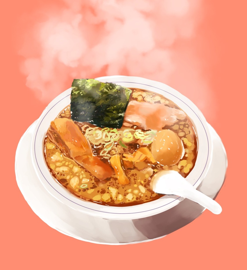 bowl char-siu chinese_spoon commentary_request egg food food_focus highres mojamoja_aa no_humans noodles nori_(seaweed) original pink_background plate ramen simple_background softboiled_egg soup spring_onion steam