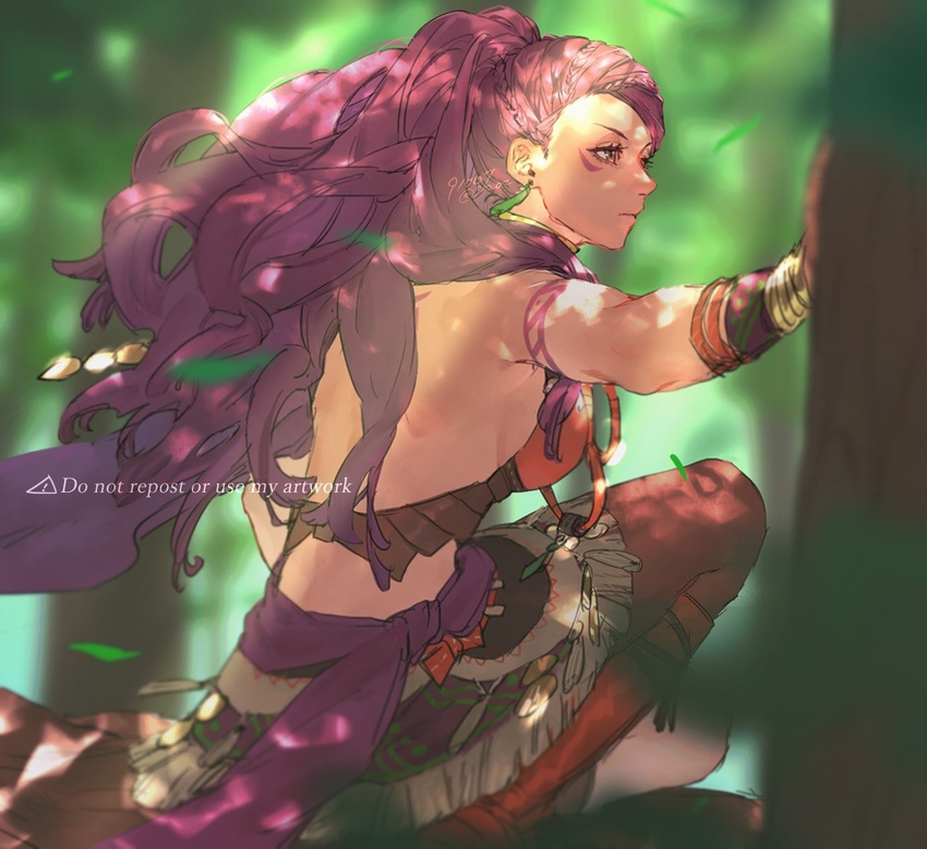 91007 back branch brown_eyes commentary earrings facial_mark female fire_emblem fire_emblem:_three_houses from_behind highres jewelry leaf long_hair perching_position petra_macneary ponytail purple_hair solo tree very_long_hair wind