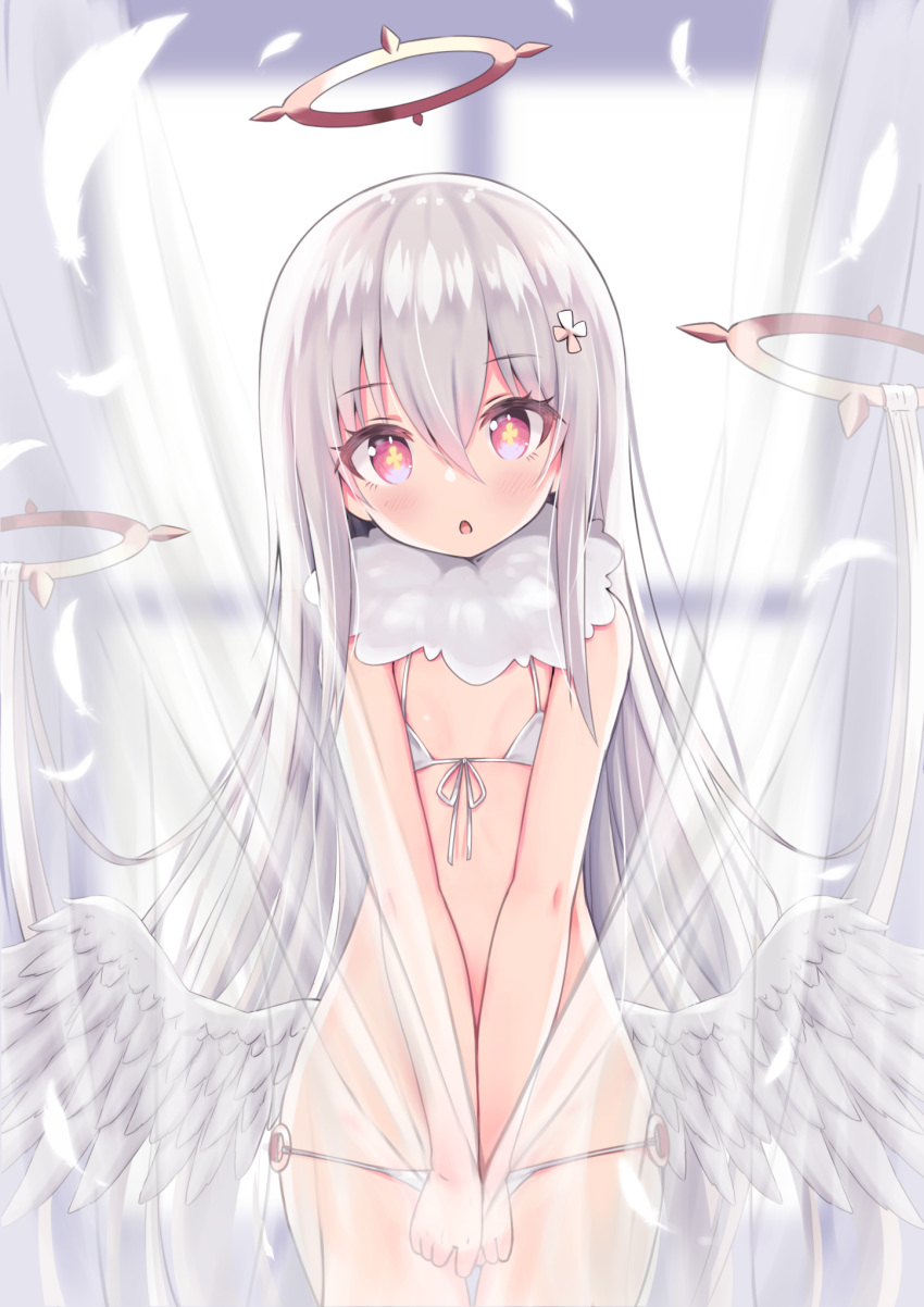 angel angel_wings bikini blush covering_crotch covering_privates curtain_grab curtains feathered_wings feathers female flat_chest front-tie_bikini_top front-tie_top hair_between_eyes halo highres long_hair looking_at_viewer low_wings mechanical_halo neck_ruff o-ring open_mouth original pink_eyes see-through side-tie_bikini_bottom siragagaga solo swimsuit symbol-shaped_pupils v_arms very_long_hair white_bikini white_hair wings