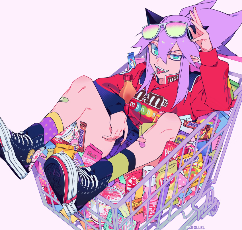 artist_name asymmetrical_legwear bandaid bandaid_on_leg black_footwear blue_eyes candy candy_bar candy_wrapper converse eyewear_on_head female food haribo high_tops highres in_shopping_cart jacket kitkat lay's_(potato_chips) lollipop long_sleeves looking_at_viewer m&m's medium_hair mentos mismatched_legwear nissin_cup_noodle original par0llel pocky product_placement purple_eyes purple_hair ramune red_jacket shoes shopping_cart simple_background skittles sneakers snickers_(brand) solo sunglasses twix white_background wrapped_candy