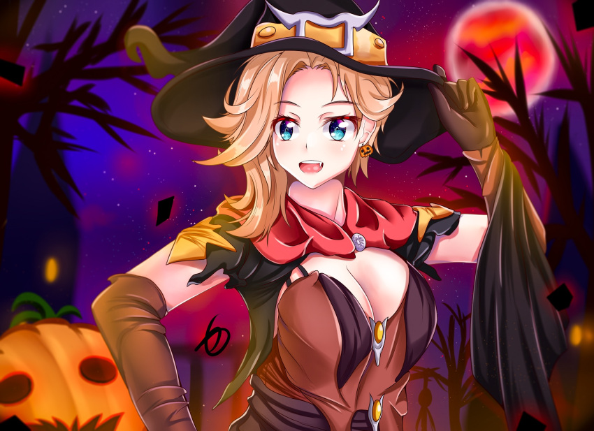 black_headwear blonde_hair blue_eyes breasts brown_gloves cleavage earrings female gloves hat highres jack-o'-lantern jack-o'-lantern_earrings jewelry large_breasts martwi1k medium_hair mercy_(overwatch) oerba_yun_fang overwatch red_scarf scarf upper_body witch witch_hat witch_mercy