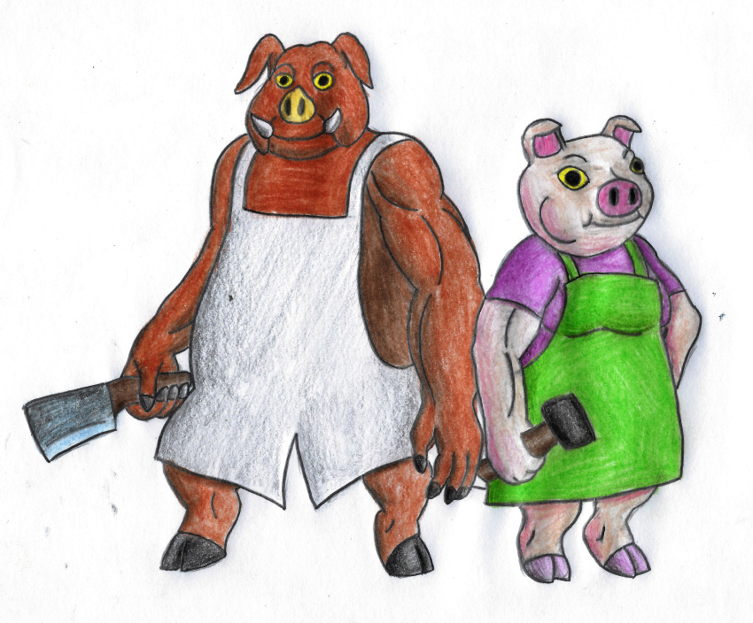 absurd_res animal_crossing anthro apron apron_only brown_body brown_skin butcher butcher_apron cleaver_(knife) clothing cutlery domestic_pig duo ebrithilbowser fan_character female fingers hammer hi_res hooved_fingers hooves kitchen_knife kitchen_utensils knife male mammal mostly_nude nintendo pig_nose smithing suid suina super_smash_bros. sus_(pig) tools tusks yellow_eyes