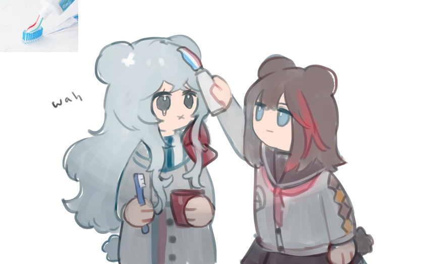 2girls :x animal_ears arknights bad_id bad_twitter_id bear_ears bear_tail black_eyes blue_eyes blue_necktie brown_hair chibi commentary crying cup english_commentary grey_hair haqlue highres holding holding_cup holding_toothbrush inset jacket jitome long_hair long_sleeves looking_at_another multicolored_hair multiple_girls neckerchief necktie no_heterochromia photo_inset red_hair reference_inset rosa_(arknights) sailor_collar school_uniform simple_background streaked_hair tail toothbrush toothpaste upper_body white_background zima_(arknights)