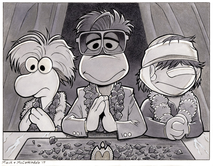 2019 band-aid bandage boober_fraggle border bruce_mccorkindale crossover eyewear floral flower flower_garland flower_necklace fraggle fraggle_rock garland glasses gobo_fraggle greyscale group hi_res monochrome muppet muppets parody plant praying signature sunglasses tape the_darjeeling_limited tracie_mauk wembley_fraggle wes_anderson white_border