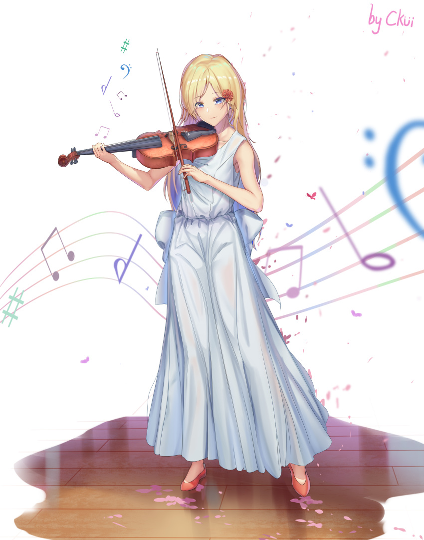 absurdres artist_name bare_arms bare_shoulders beamed_eighth_notes blonde_hair blue_eyes bow_(music) ckui closed_mouth collarbone commentary_request dress eighth_note female full_body hair_ornament hairclip highres holding holding_instrument holding_violin instrument long_dress long_hair looking_at_viewer miyazono_kawori music musical_note playing_instrument quarter_note school_uniform see-through shigatsu_wa_kimi_no_uso sleeveless sleeveless_dress solo standing violin white_dress wooden_floor