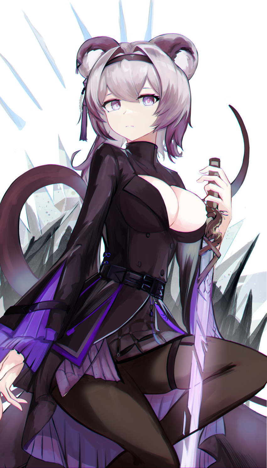 absurdres animal_ears arknights black_dress black_hairband black_pantyhose breasts chinese_commentary cleavage commentary_request dress female hairband highres holding holding_sword holding_weapon large_breasts lin_(arknights) long_hair long_sleeves looking_at_viewer mizuhashi_parusui mouse_ears mouse_tail pantyhose partial_commentary purple_eyes purple_hair simple_background sitting solo sword tail thigh_strap thighs weapon white_background wide_sleeves