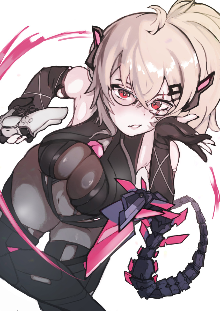 absurdres black_gloves breasts cleavage elbow_gloves female glasses gloves highres indie_virtual_youtuber large_breasts long_hair looking_at_viewer mechanical_tail red_eyes saruei_(vtuber) saruei_(vtuber)_(1st_costume) sevaaru tail virtual_youtuber white_hair