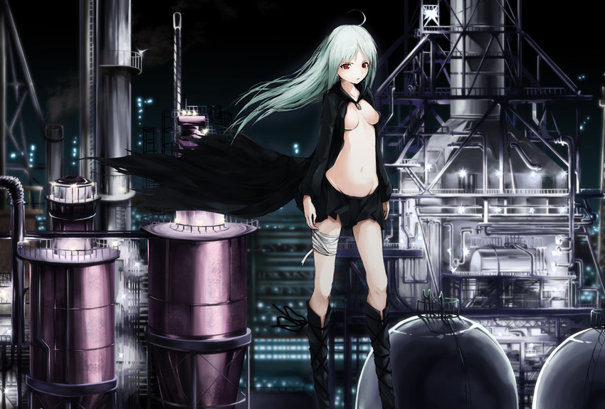 ahoge aqua_hair bad_id bad_pixiv_id bandages boots breasts cleavage distillation_column factory female industrial knee_boots long_hair medium_breasts miniskirt navel no_bra open_clothes open_shirt original red_eyes refinery shirt skirt solo solru standing tank_(container) torn_clothes wind