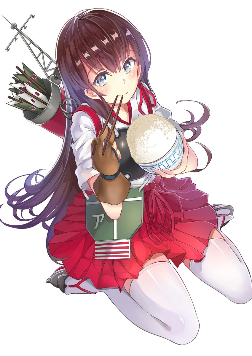 akagi_(kancolle) arrow_(projectile) blue_eyes bowl brown_hair chopsticks commentary_request female gloves hakama hakama_skirt highres hunxiao_xingshuang japanese_clothes kantai_collection long_hair md5_mismatch muneate quiver red_hakama resolution_mismatch rice_bowl skirt smile solo source_smaller