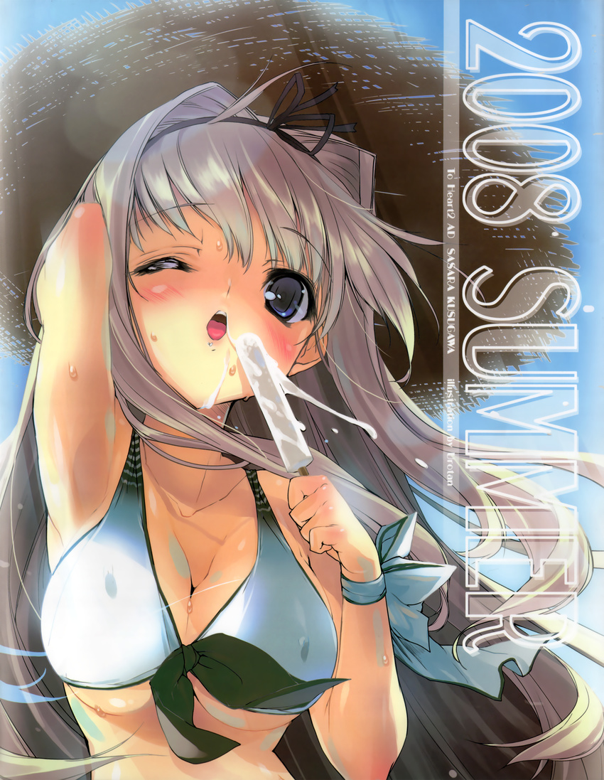 2008 ;o absurdres arm_up armpits bare_shoulders bikini blonde_hair blue_bikini blue_eyes blush breasts cleavage female food front-tie_top hair_ribbon hat highres kusugawa_sasara large_breasts long_hair one_eye_closed open_mouth popsicle ribbon scan solo straw_hat sun_hat sweat swimsuit to_heart_(series) to_heart_2 urotan wrist_ribbon