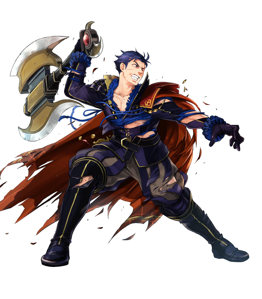 1boy armads_(fire_emblem) axe bad_link blue_eyes blue_hair cape fire_emblem fire_emblem:_the_blazing_blade fire_emblem_heroes full_body hector_(fire_emblem) hector_(valentine)_(fire_emblem) highres male_focus official_art pants shirt solo suekane_kumiko torn_boots torn_cape torn_clothes torn_pants torn_shirt torn_sleeves transparent_background weapon