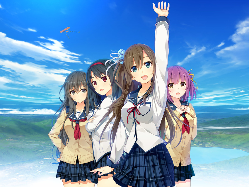 4girls aikawa_tatsuki aircraft airplane aqua_eyes arm_up black_eyes black_hair braid brown_hair cardigan cowboy_shot crossed_arms day hair_ribbon hairband hand_on_own_hip highres kirimi_hikari long_hair long_sleeves looking_at_viewer multiple_girls neckerchief nibutani_kako official_art open_mouth outdoors own_hands_together plaid plaid_skirt pleated_skirt purple_hair red_eyes ribbon round_teeth school_uniform serafuku short_hair side_braid skirt smile sorairo_innocent teeth tsubaki_ami tsukigase_mahiru twin_braids yellow_eyes