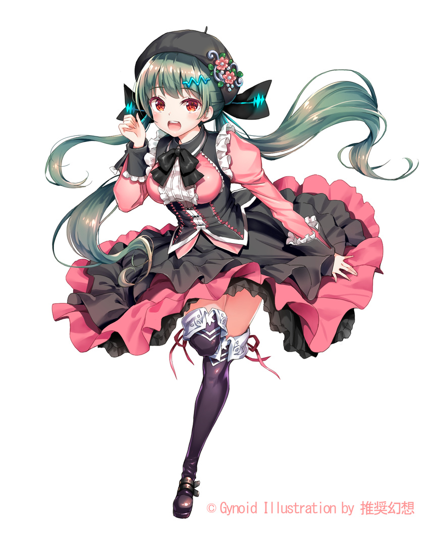 artist_name black_bow black_hat black_thighhighs bow bowtie commentary_request female floating_hair flower green_hair hair_between_eyes hair_ornament hat highres layered_skirt leg_up long_hair low_twintails official_art open_mouth pink_flower red_eyes red_ribbon ribbon shiny_clothes simple_background skirt solo standing standing_on_one_leg suishougensou thighhighs twintails very_long_hair vocaloid white_background xin_hua xin_hua_(vocaloid4)_(japanese)