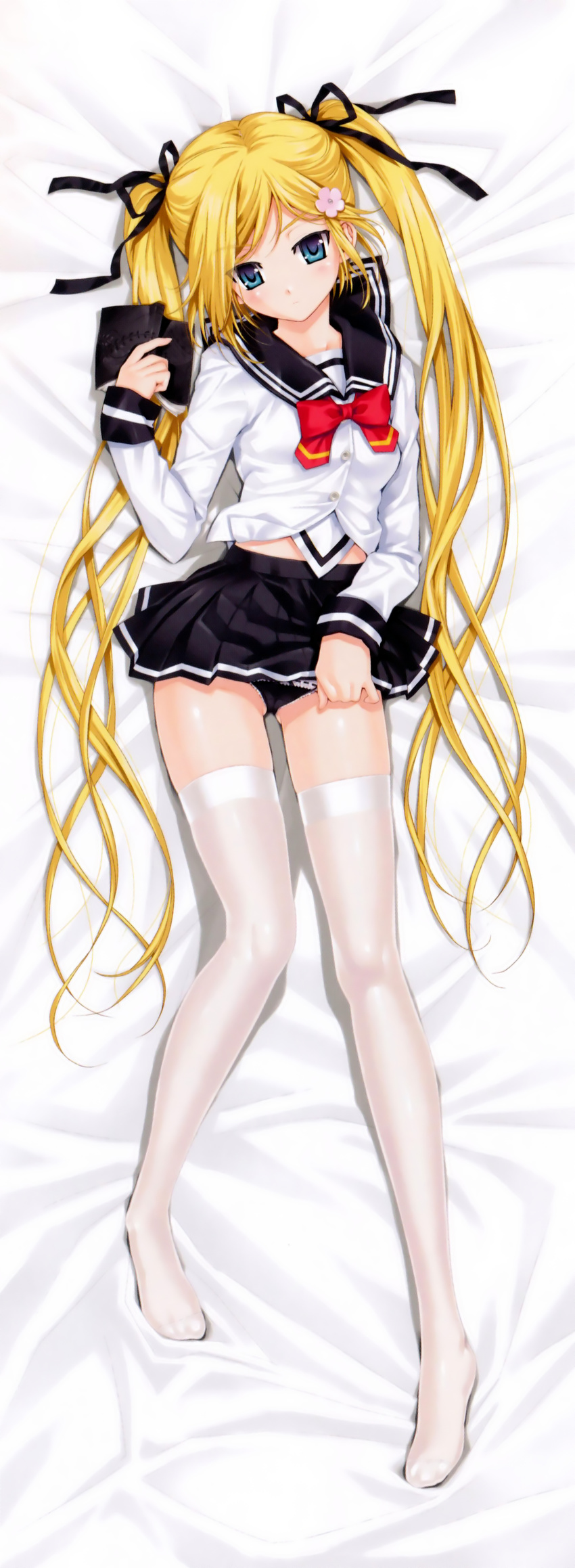 absurdres black_panties blonde_hair blue_eyes dakimakura_(medium) female full_body hair_ornament hair_ribbon happoubi_jin highres kanojo_x_kanojo_x_kanojo legs long_hair long_legs lying on_back orifushi_mafuyu panties pleated_skirt ribbon scan school_uniform skirt solo thighhighs twintails underwear very_long_hair white_thighhighs