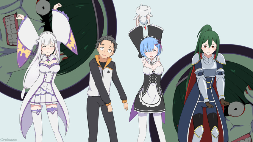 2boys 3girls armor arms_up black_hair blue_hair blunt_bangs closed_eyes commentary_request crusch_karsten dancing detached_collar detached_sleeves emilia_(re:zero) flower green_hair hair_between_eyes hair_flower hair_ornament hair_ribbon hakugei_(re:zero) kono_subarashii_sekai_ni_shukufuku_wo! long_hair maid multiple_boys multiple_girls natsuki_subaru pantyhose parody petelgeuse_romaneeconti ponytail re:zero_kara_hajimeru_isekai_seikatsu rem_(re:zero) ribbon rokuuso roswaal_mansion_maid_uniform short_hair stuffed_animal stuffed_toy thighhighs tomorrow_(konosuba) track_suit twitter_username white_flower white_hair wide_sleeves x_hair_ornament