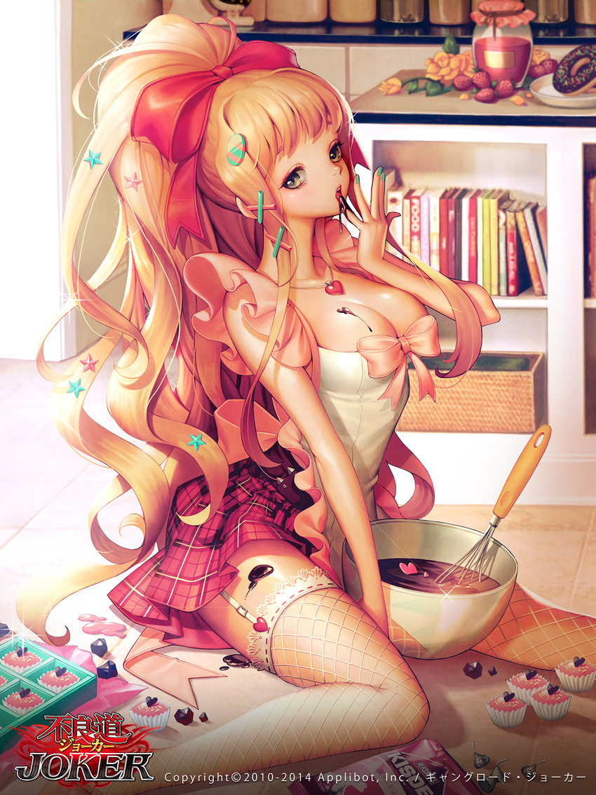 apron aqua_nails basket blonde_hair book bookshelf bow bowl brand_name_imitation breasts chocolate chocolate_making chocolate_on_body chocolate_on_breasts cleavage company_name copyright_name cupcake dated decora doughnut female fishnet_thighhighs fishnets flower food food_on_body fruit furyou_michi_~gang_road~ gang_road_joker garter_straps hair_ornament hair_ribbon hairbow heart hershey's hershey's_kisses highres jar jewelry large_breasts licking licking_finger long_hair looking_at_viewer mixing_bowl nail_polish natae_sora necklace official_art on_floor open_mouth osuk2 pendant plaid plaid_skirt ponytail ribbon rose sidelocks sitting skirt solo sparkle sprinkles star_(symbol) star_hair_ornament strawberry tasting thighhighs tulip very_long_hair whisk yellow_eyes yellow_flower yellow_rose