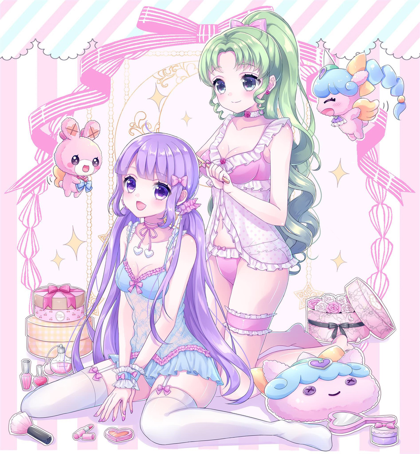 2girls aki_(akinyaaaaa) babydoll blue_panties bow bow_panties box breasts brush brushing_another's_hair brushing_hair choker cleavage commentary_request cosmetics earrings falulu falulu_(awakened) garter_straps green_eyes green_hair hairbow head_tilt highres indoors jewelry kneeling long_hair looking_at_another looking_at_viewer manaka_non medium_breasts mirror multiple_girls navel open_mouth pale_color panties parted_bangs pastel_colors pink_panties pretty_series pripara purple_eyes purple_hair sitting stuffed_toy thigh_strap thighhighs underwear unicorn_(pripara) usacha wariza white_legwear wrist_cuffs