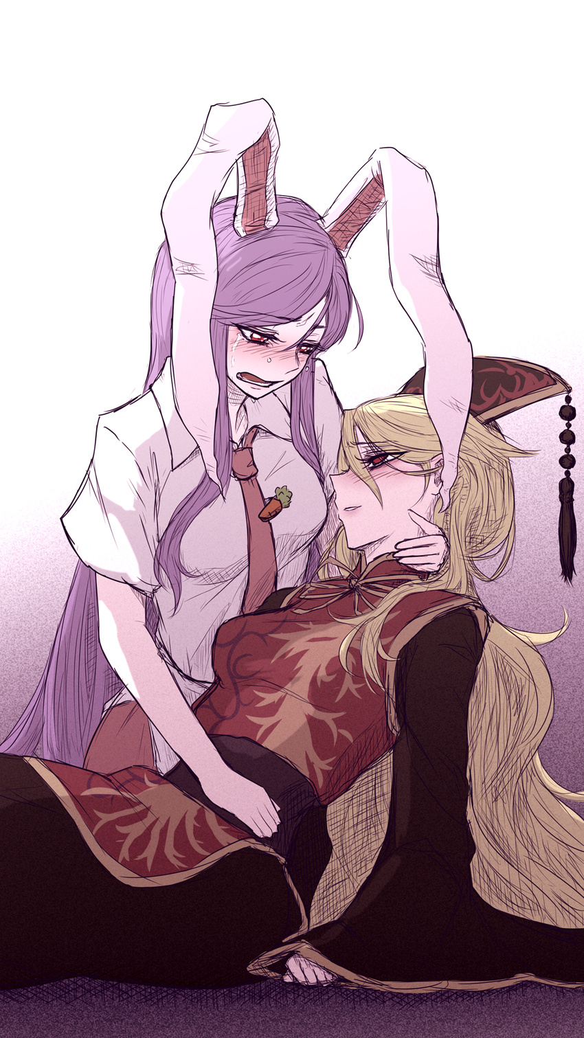 2girls animal_ears blonde_hair blush carrot chinese_clothes commentary_request cradling_head crying crying_with_eyes_open hat highres junko_(touhou) long_hair miata_(miata8674) multiple_girls necktie pale_skin purple_hair rabbit_ears red_eyes red_necktie reisen_udongein_inaba shirt short_sleeves tabard tears tie_clip touhou very_long_hair white_shirt wide_sleeves