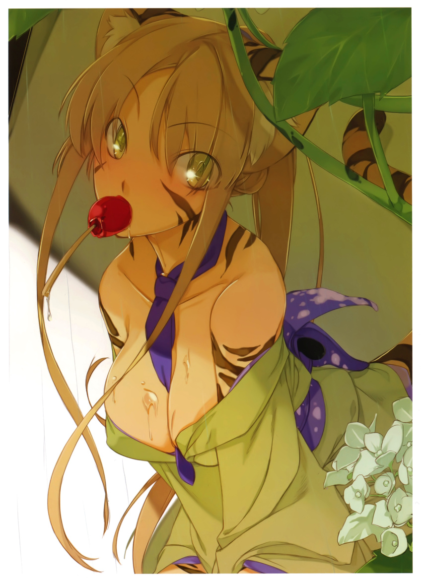 absurdres animal_ears bare_shoulders between_breasts blush breasts brown_hair candy_apple cleavage collarbone female flower food green_eyes highres japanese_clothes kimono large_breasts long_hair looking_at_viewer maruku mouth_hold necktie obi off_shoulder original ponytail rain sash scan solo tail tiger_ears tiger_stripes tiger_tail wet yukata